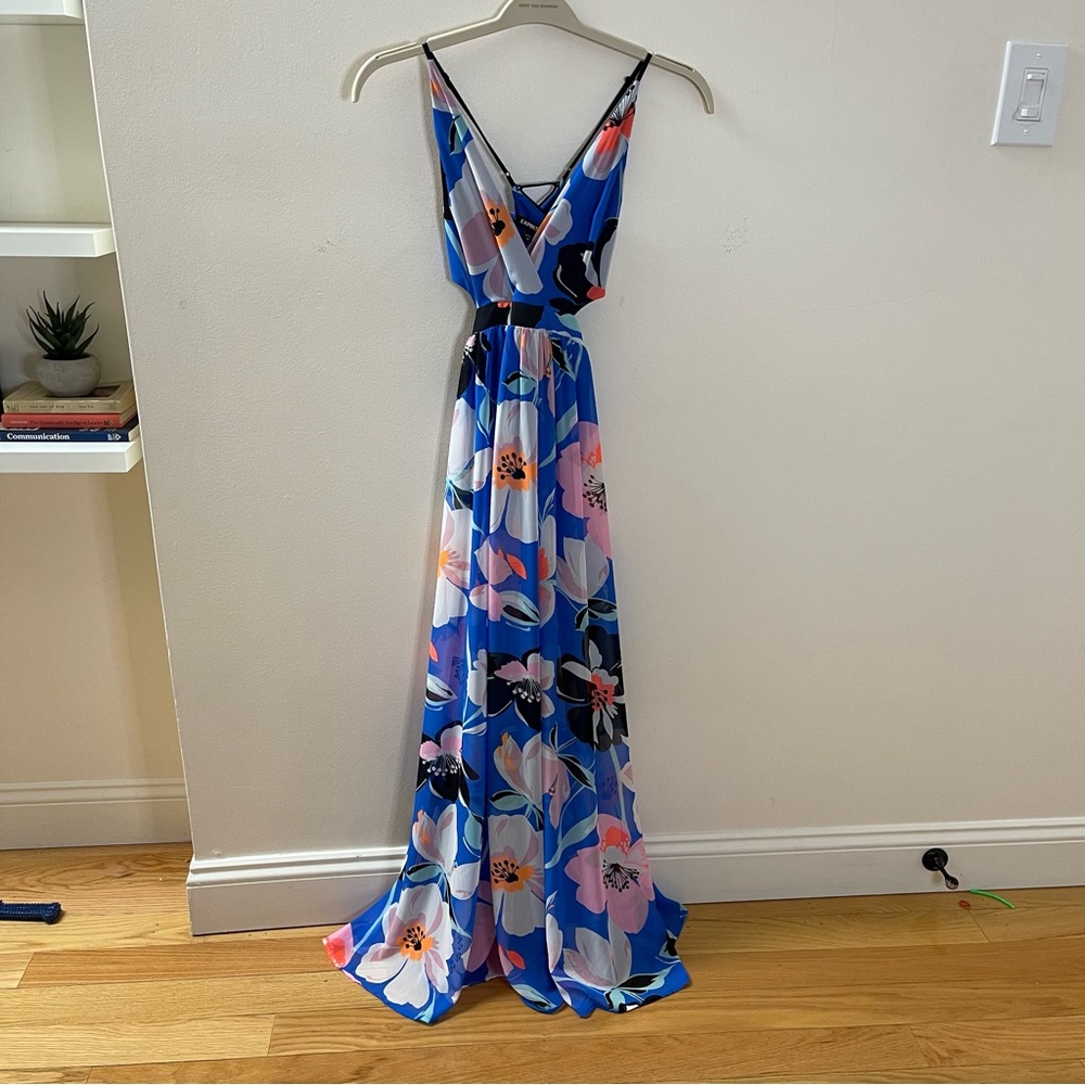 Express Size XS floral blue/pink cutout lace back maxi dress NWOT - Picture 9 of 9